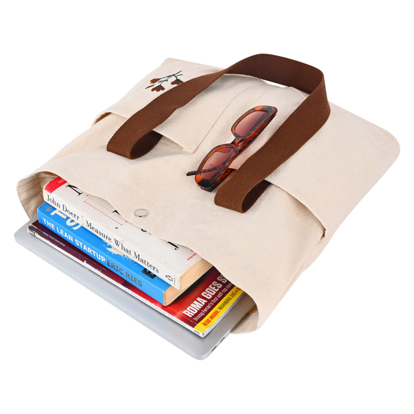 Foldable beige carrying case with brown handle and sunglasses on top, containing books inside. PT-TRO-BRW