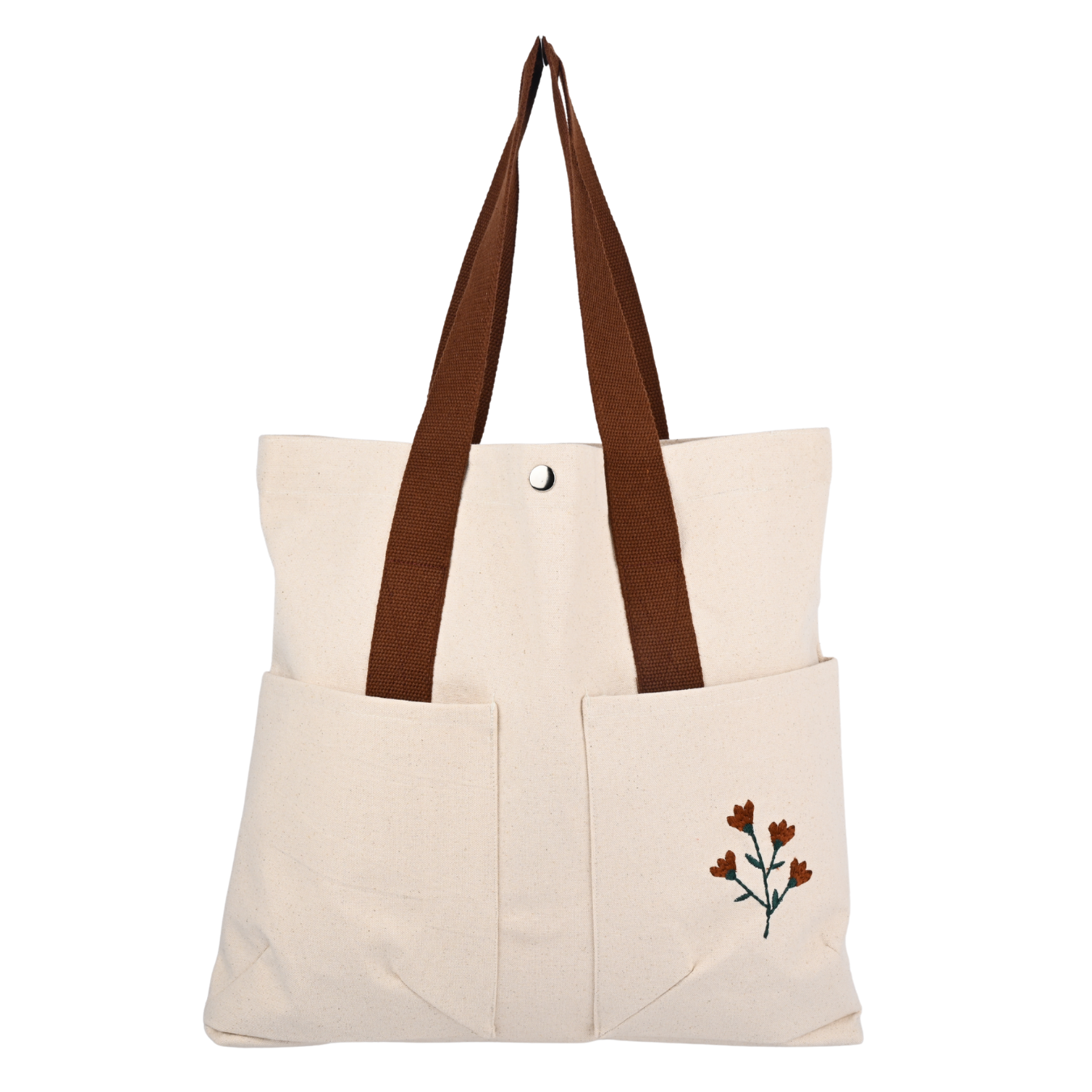 Beige tote bag with brown handles and a small floral design on a white background PT-TRO-BRW