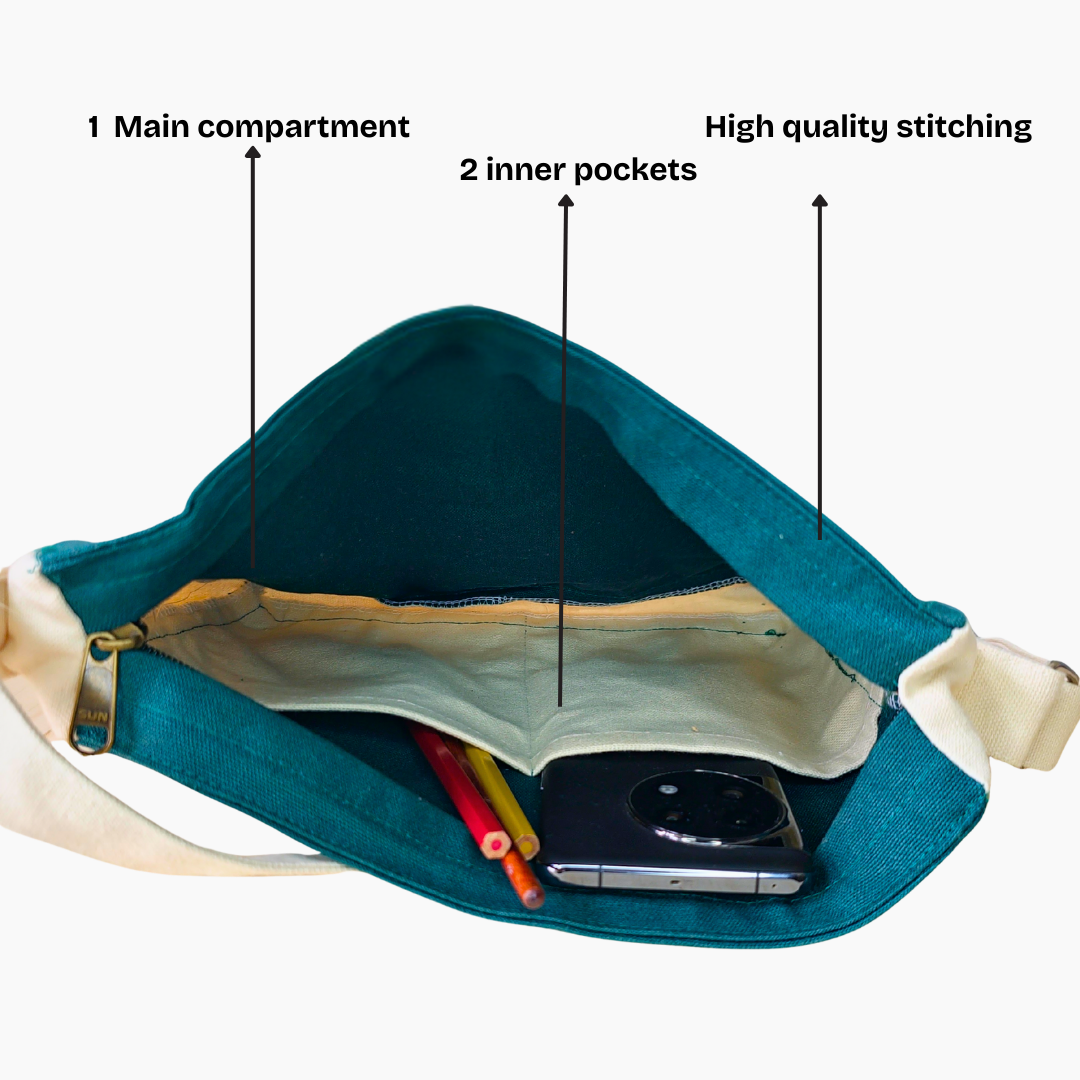 Green bag with main compartment, inner pockets, and high quality stitching highlighted. NC-DMC-GRN