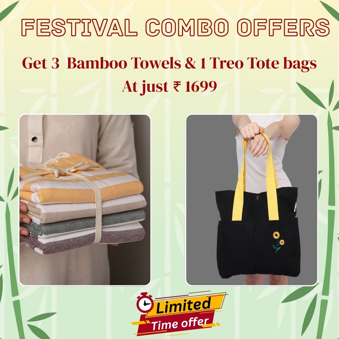Promotional offer for bamboo towels and Treo tote bags with text on a light green background.
