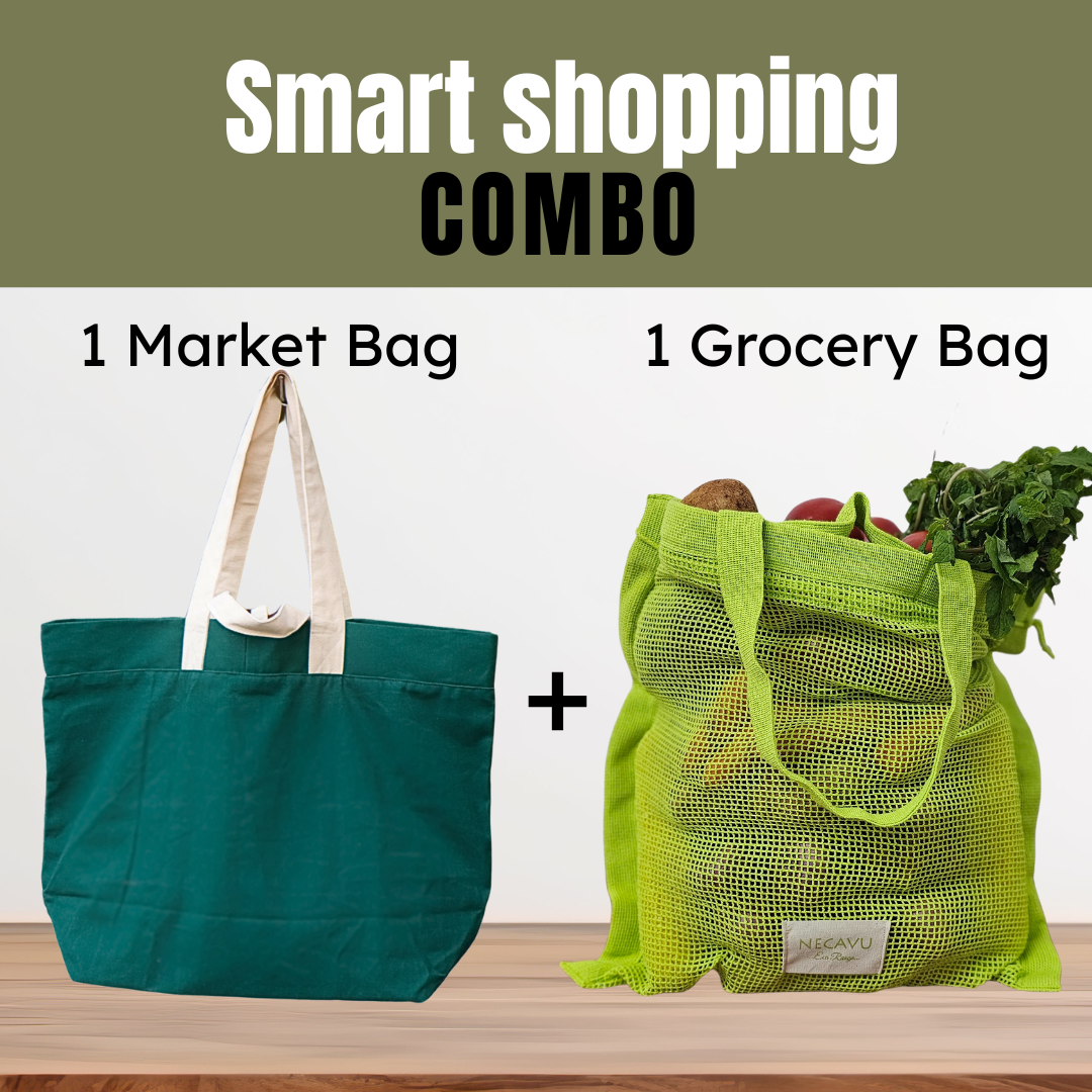 NECAVU Smart Shop Bundle | 1 Market Bag + 1 Set Grocery Bags (Pack of 2) | Eco-Friendly & Reusable Shopping Bag Combo