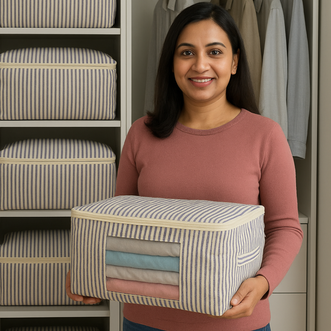 Woman holding a striped storage cube in a room with shelves and clothes.
SKU: NC-SRO-BLU