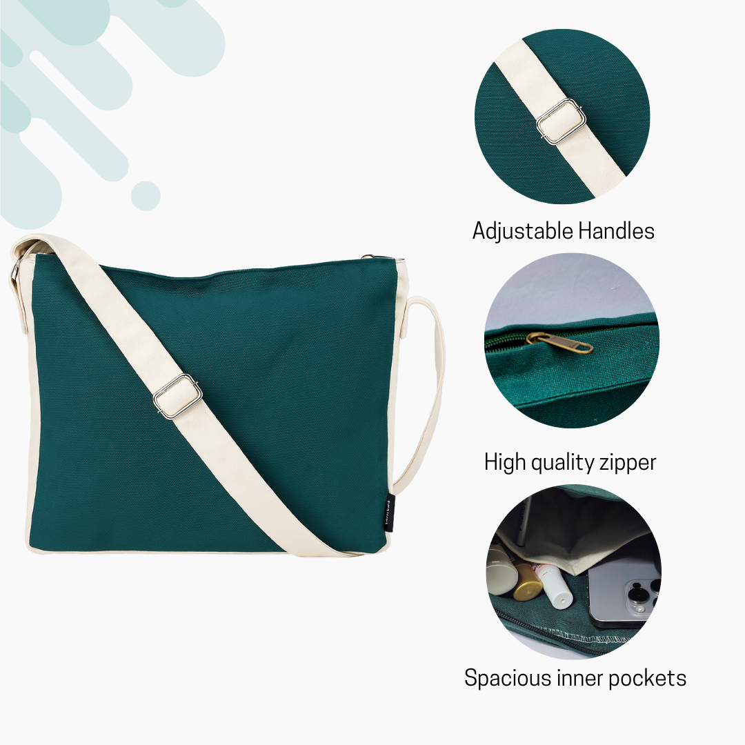 Green bag with white handles and zipper, featuring text on features. NC-DMC-GRN