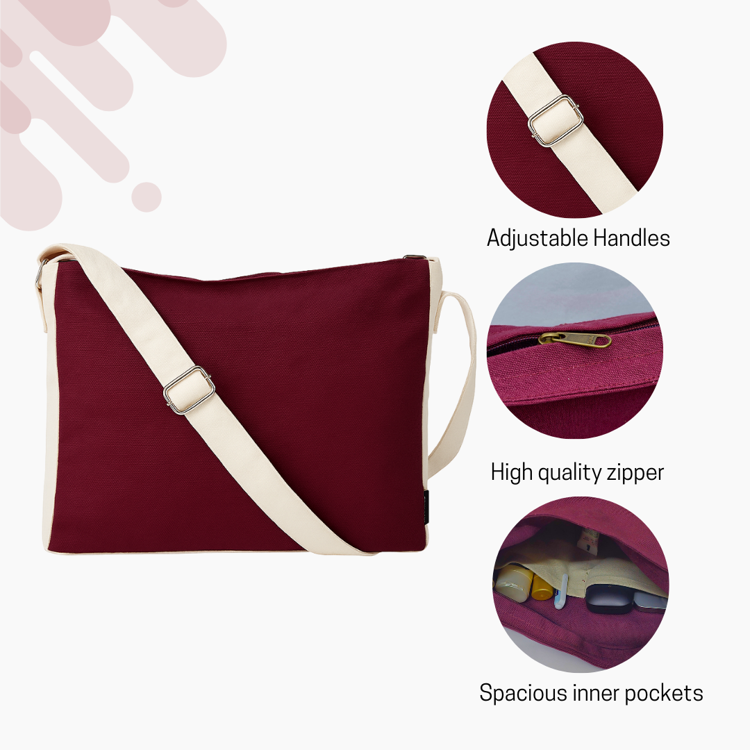 Maroon bag with white strap and features highlighted on a light pink background NC-DMC-MRN