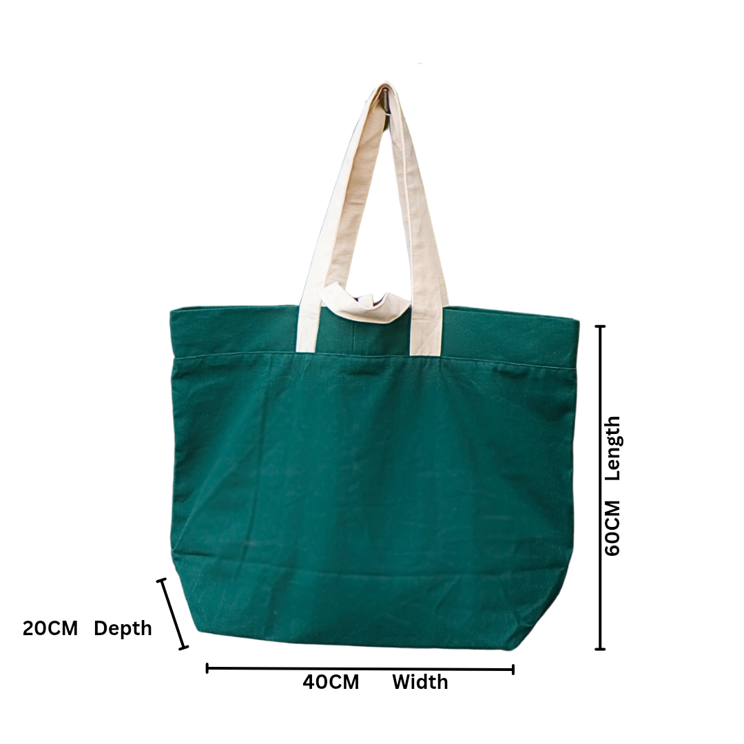 Green tote bag with white handles and dimensions labeled on a white background  NC-JMB-GRN