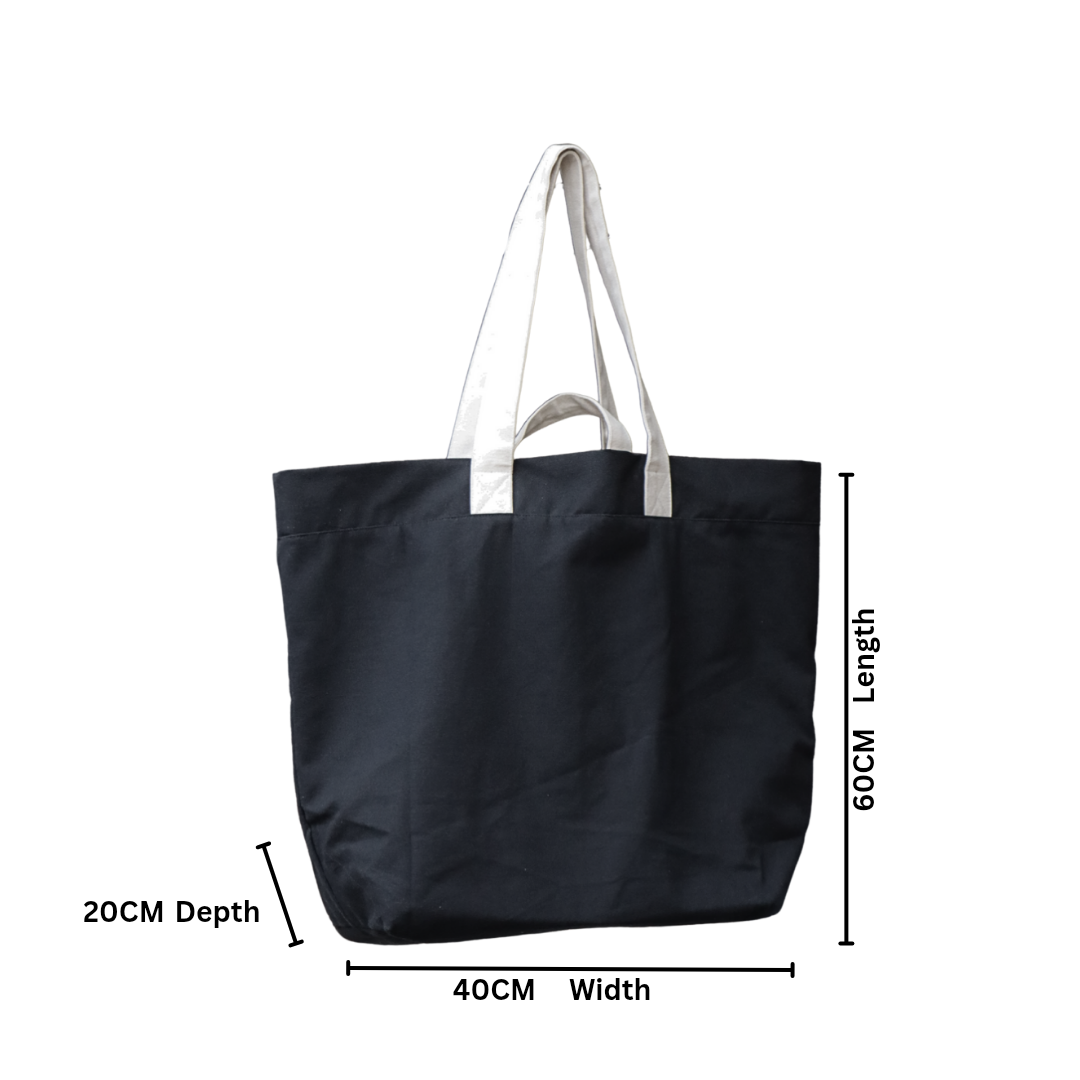 Black tote bag with white handles and dimensions labeled on a white background  NC-JMB-BLK