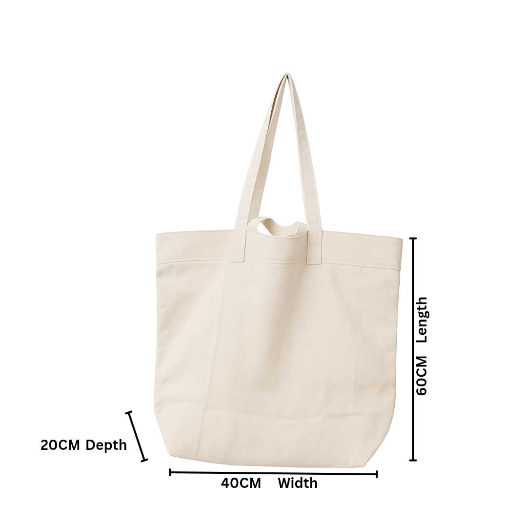Beige tote bag with dimensions labeled on a white background NC-JMB-NRL