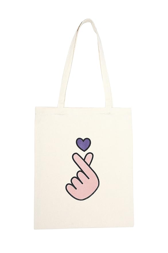 Tote bag with a pink hand making a heart shape and a purple heart on a white background