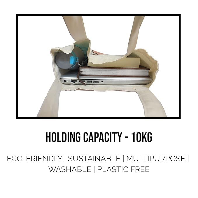 Beige tote bag with electronic devices inside, labeled with holding capacity and sustainability features.