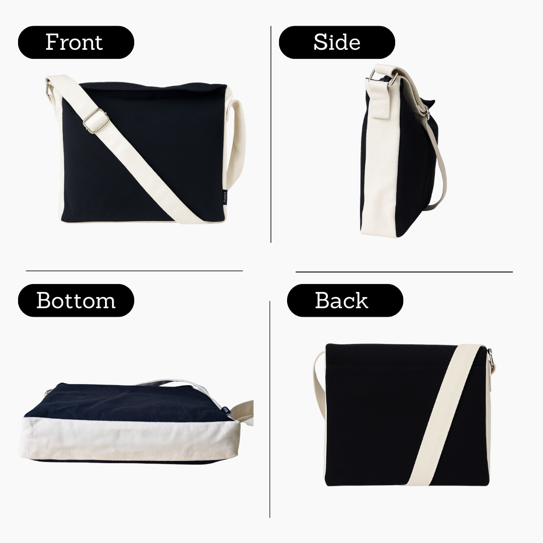 Black and white bag shown from front, side, bottom, and back perspectives. NC-DMC-BLK