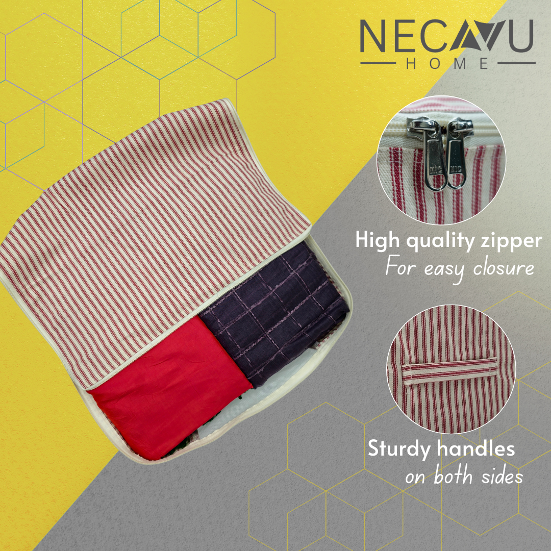 Fabric storage bag with zipper and handles on a geometric patterned background, featuring the brand 'NECAVU HOME'.
SKU: NC-SRO-RED