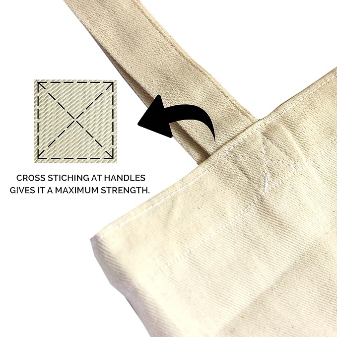 Close-up of a beige tote bag with cross-stitching at handles on a white background.