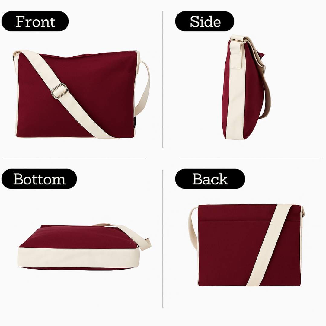 Red bag with white strap shown from front, side, bottom, and back perspectives. NC-DMC-MRN