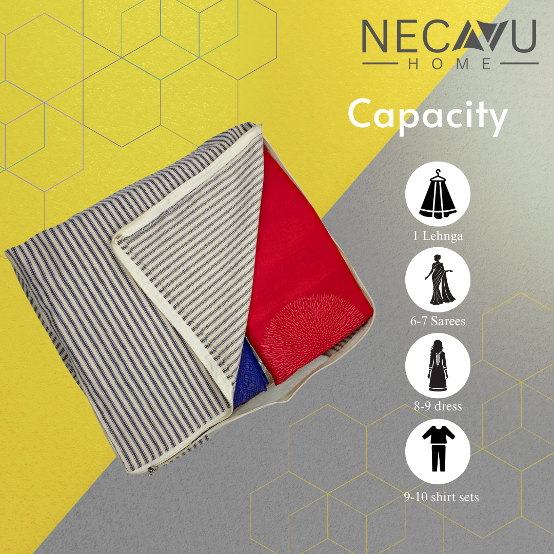 Folded fabric with capacity indicators on a geometric patterned background, featuring the brand 'NECAVU HOME'.
SKU: NC-SRO-BLU