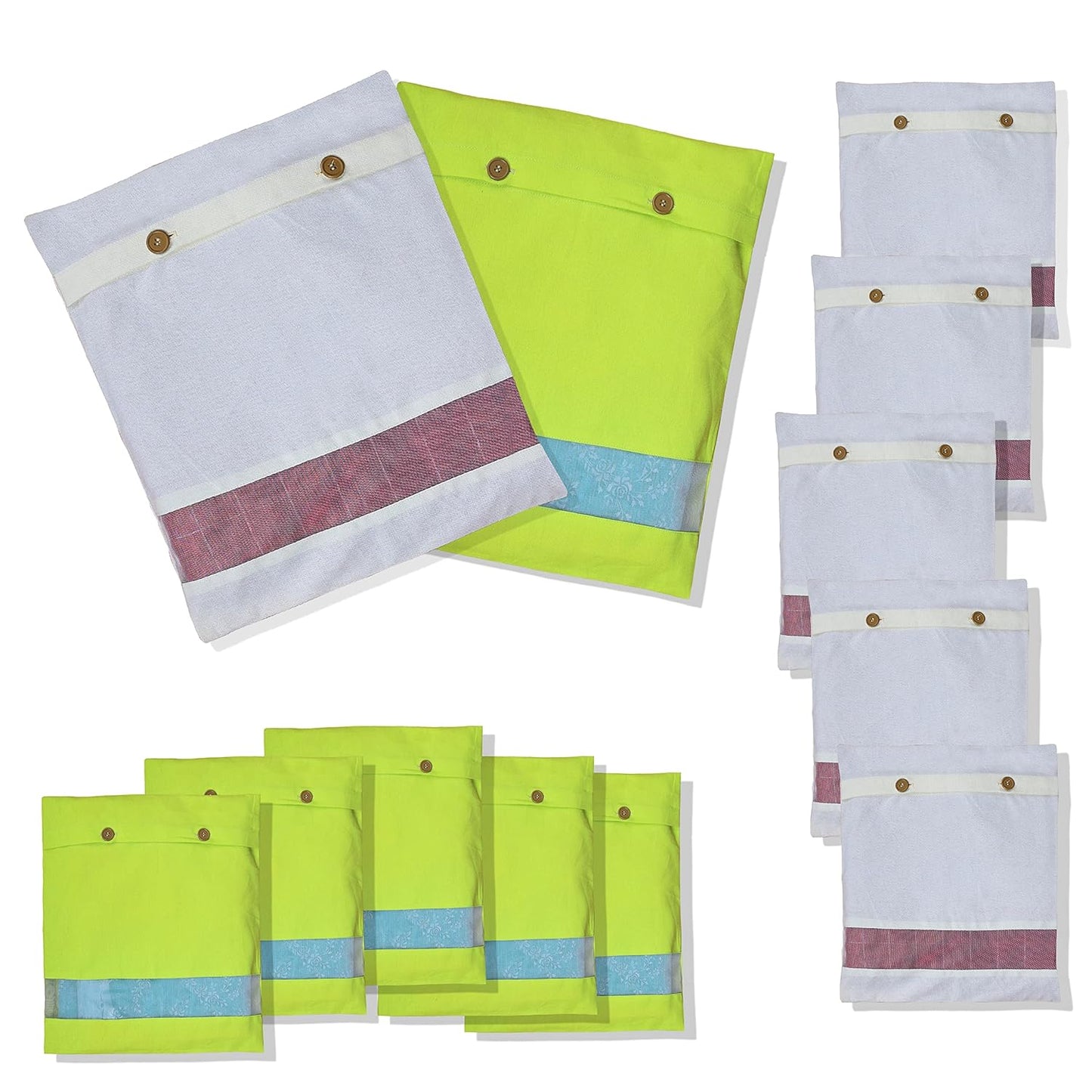 NECAVU set of 12 cotton saree covers for storage | cotton saree bags storage with transparent mesh window | Eco-friendly and reusable saree bags for wardrobe (Off-White(6) + Green(6))