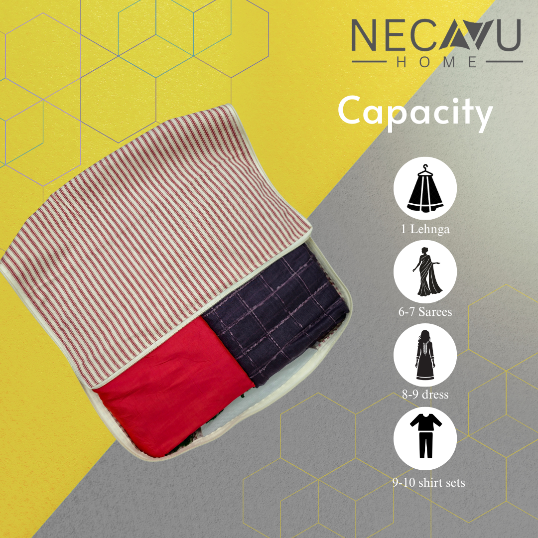Foldable garment storage bag with capacity indicators on a geometric patterned background
SKU: NC-SRO-RED