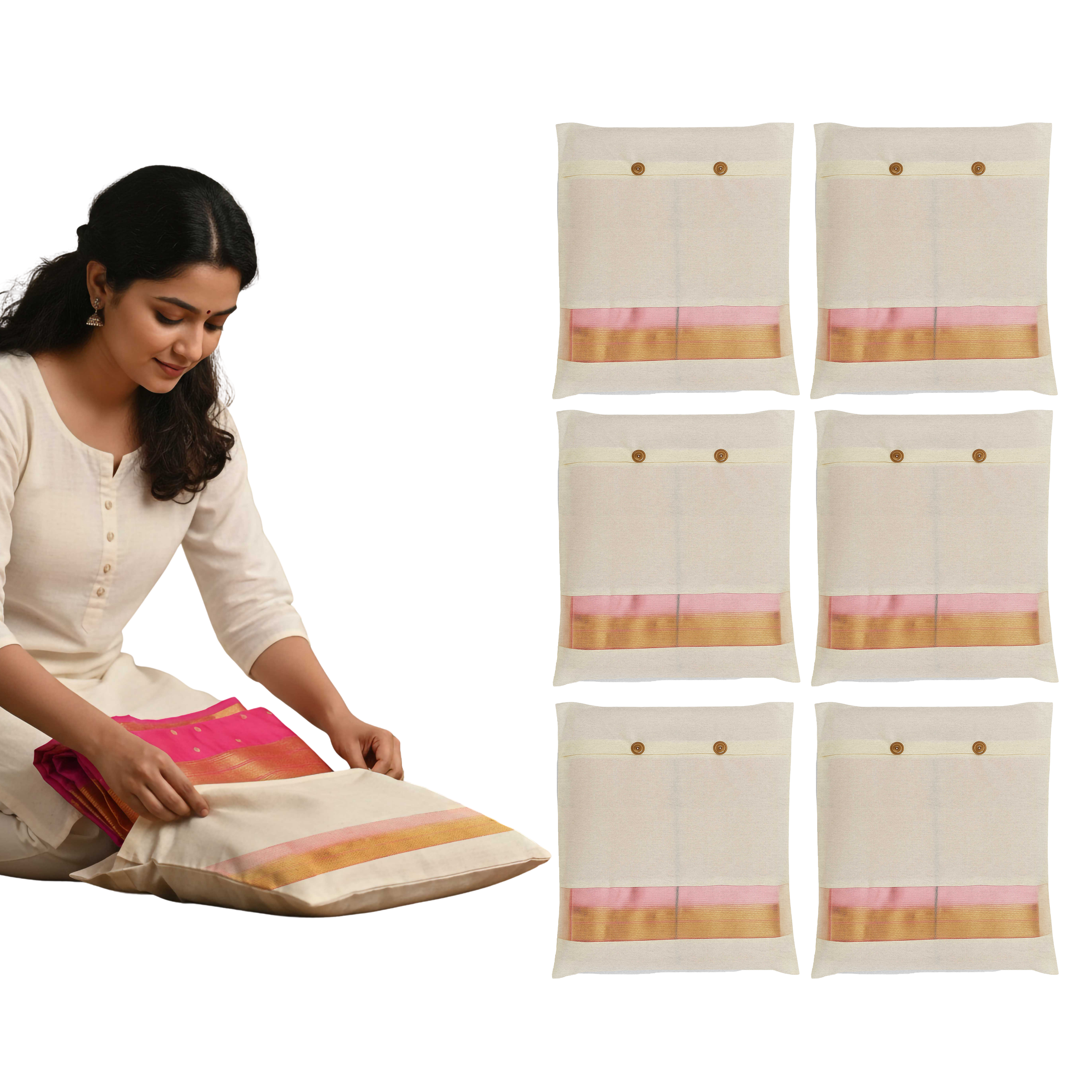 Woman folding a fabric item with six matching fabric packages displayed on a white background. (NC-SRB-NRL)