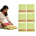 Woman holding a green saree cover  with mesh , surrounded by six similar fabric bags on a white background. (NC-SRB-GRN)