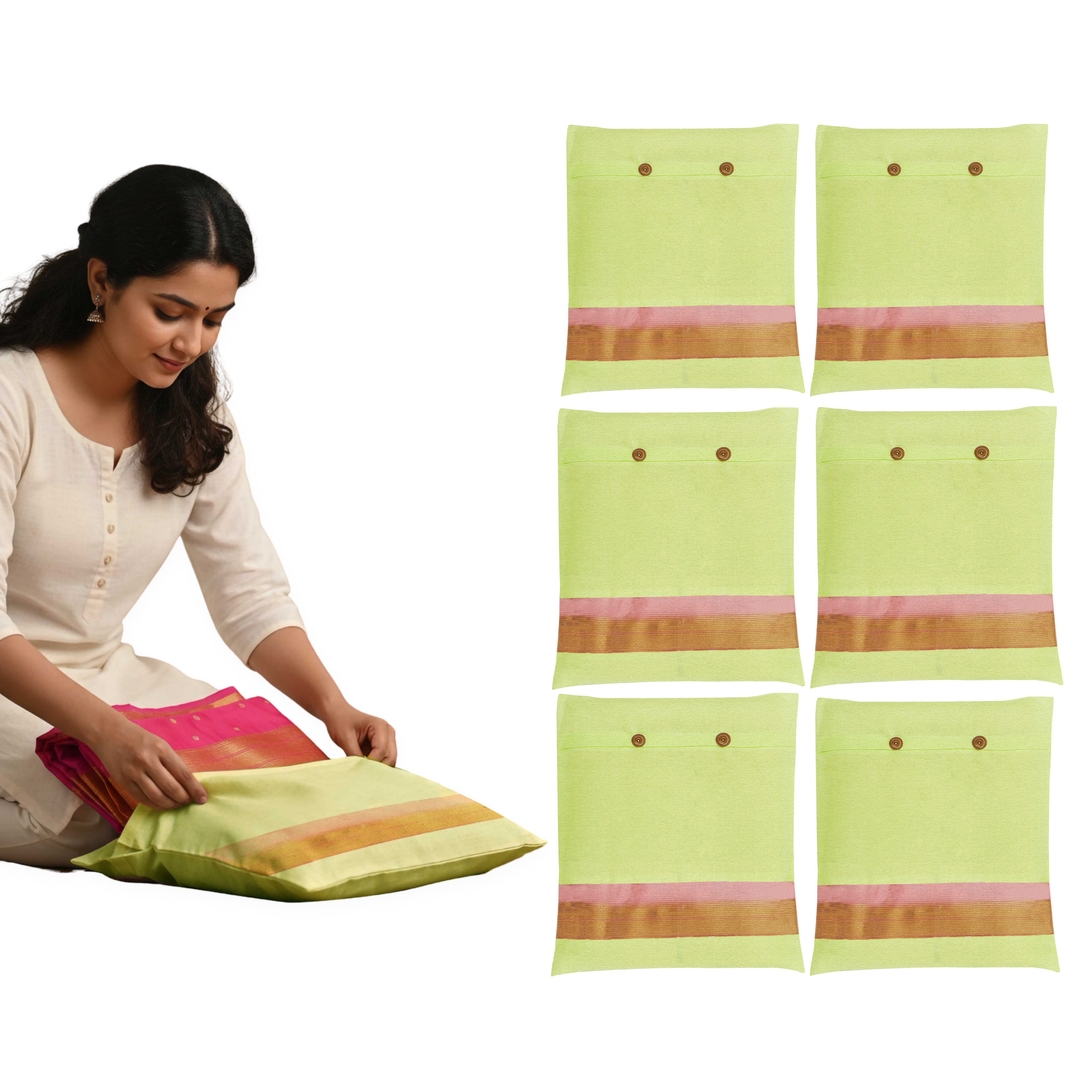 Woman holding a green saree cover  with mesh , surrounded by six similar fabric bags on a white background. (NC-SRB-GRN)