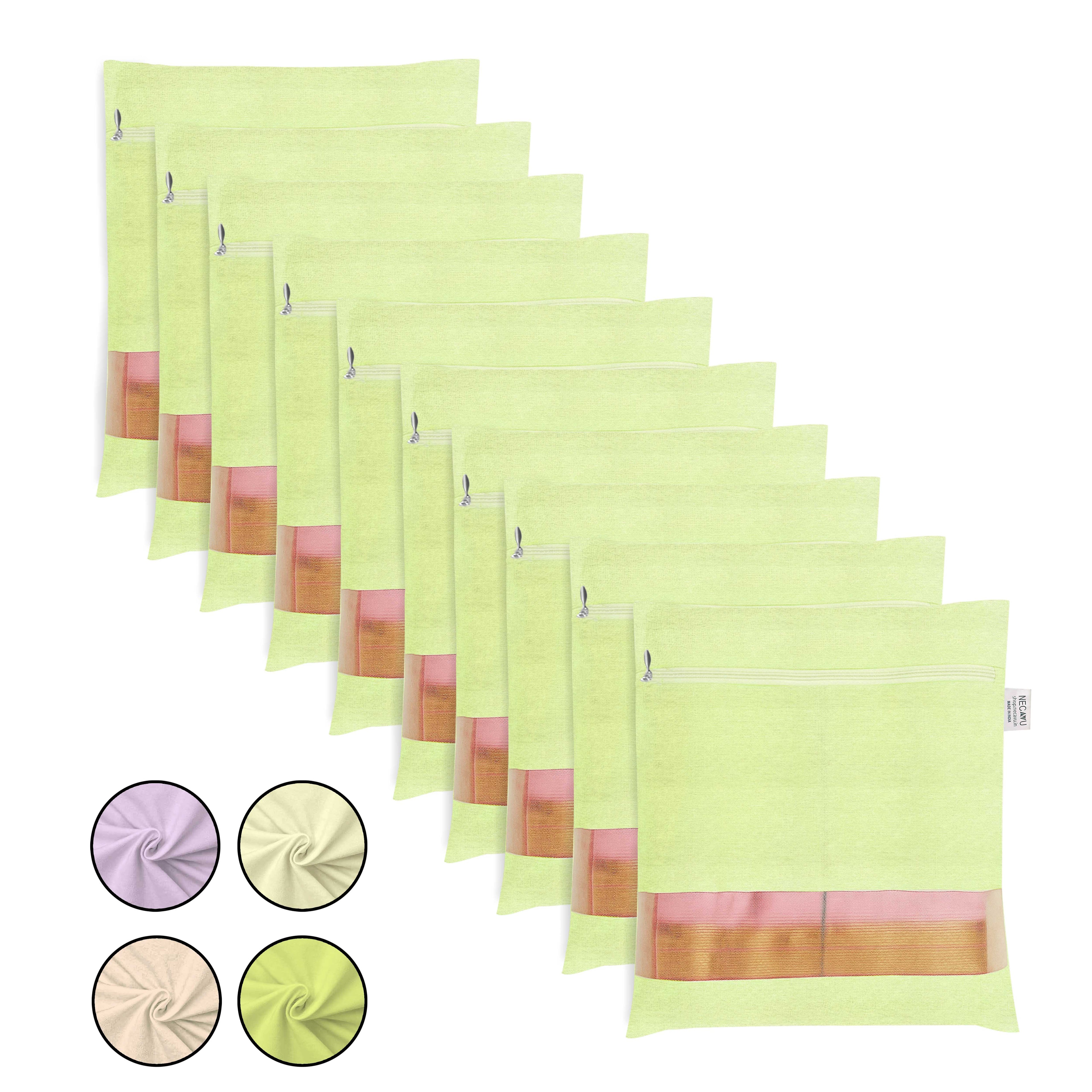 Set of green saree storage bag with transparent mesh & zipper on a white background (NC-SRZ-GRN)