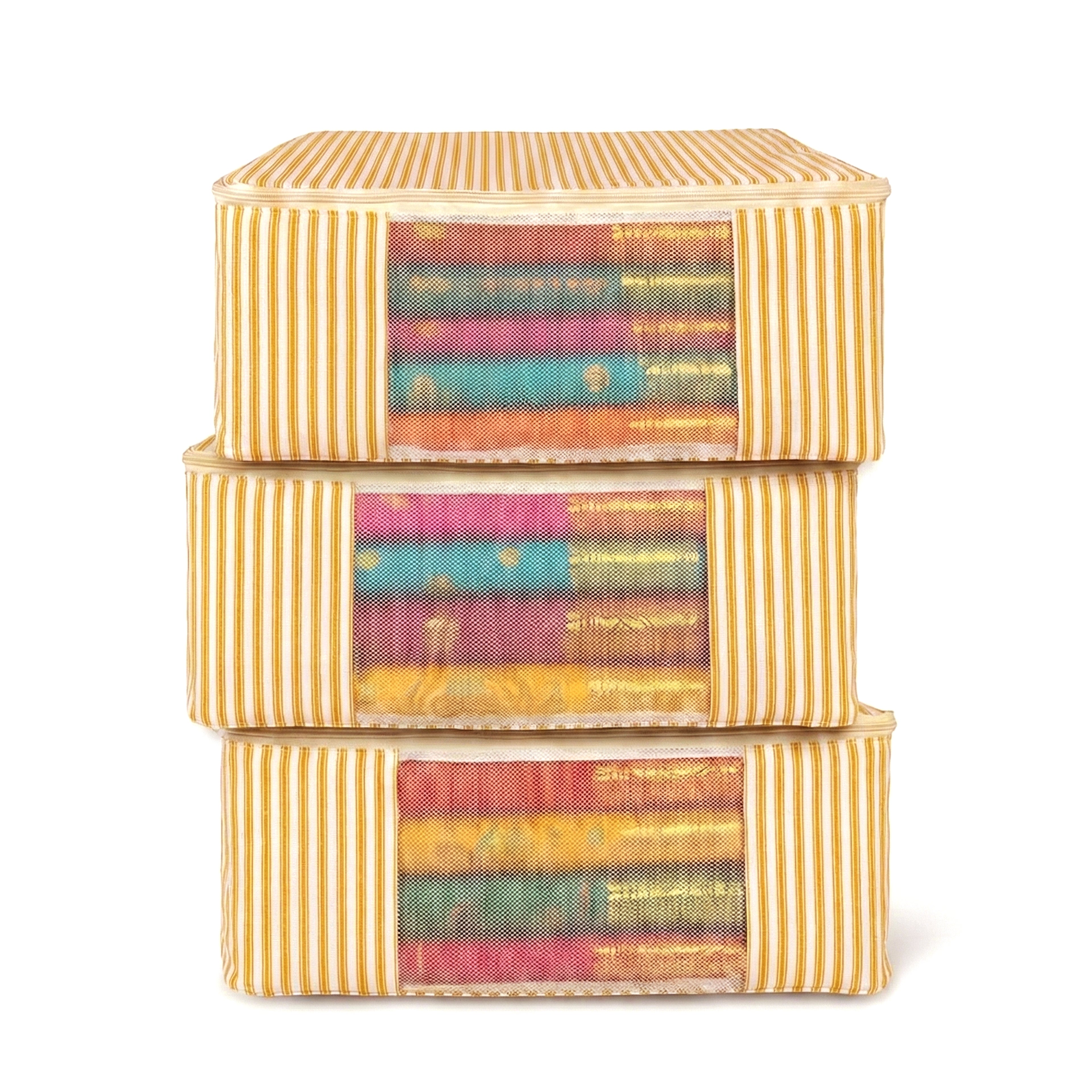 Stack of three yellow striped storage bags on a white background(NC-SRO-YLW)