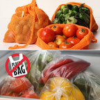 Comparison of reusable orange mesh bags with plastic bags containing vegetables PT-MSH-ORG 