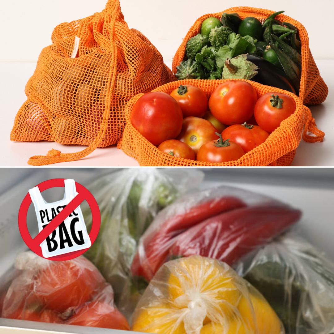 Comparison of reusable orange mesh bags with plastic bags containing vegetables PT-MSH-ORG 