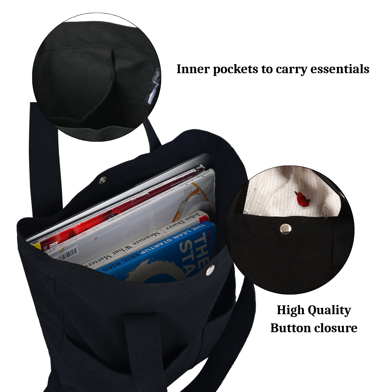 Black bag with inner pockets and high-quality button closure, showing books and a cap. PT-TRO-BLK