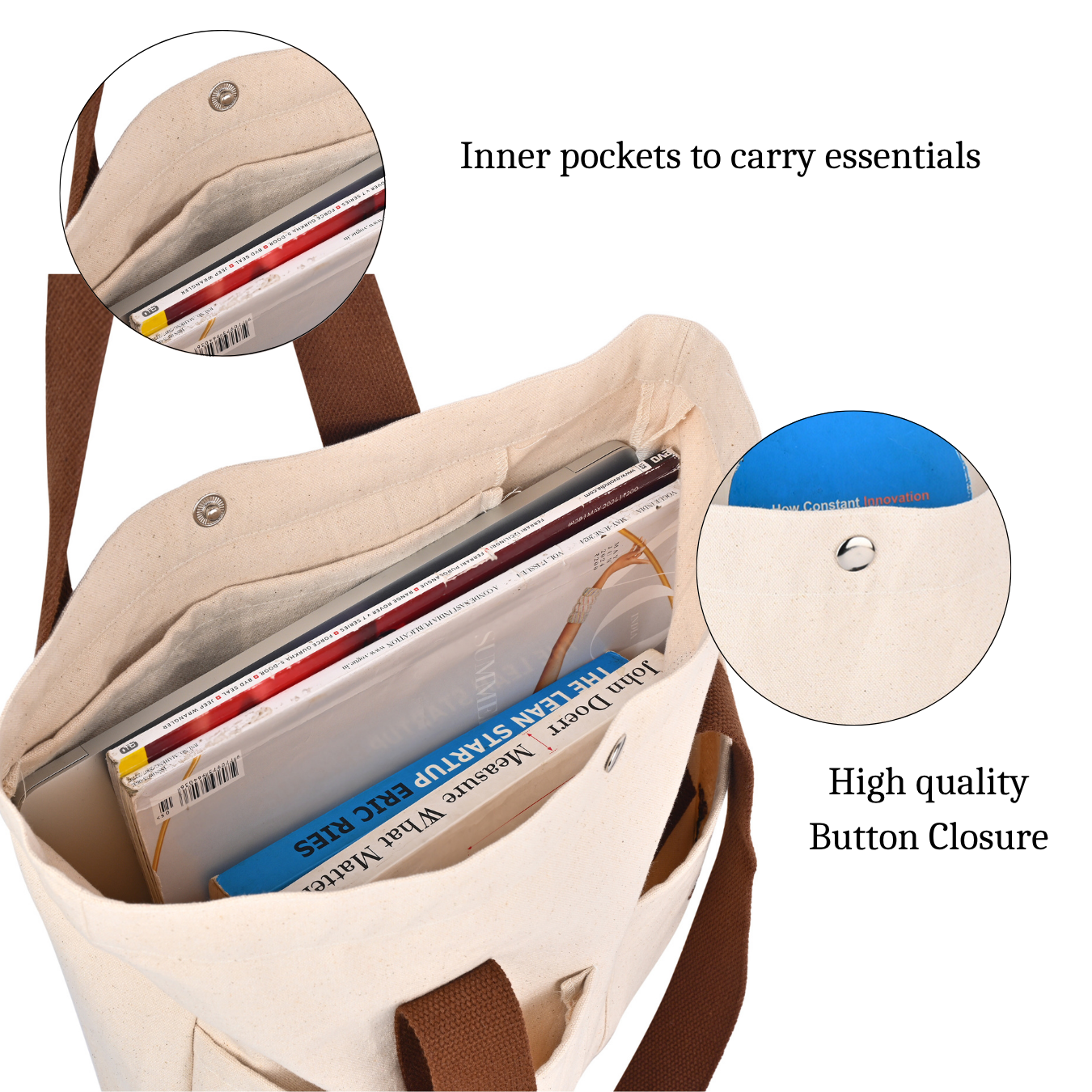 Beige bag with brown straps, showing inner pockets and high-quality button closure. PT-TRO-BRW