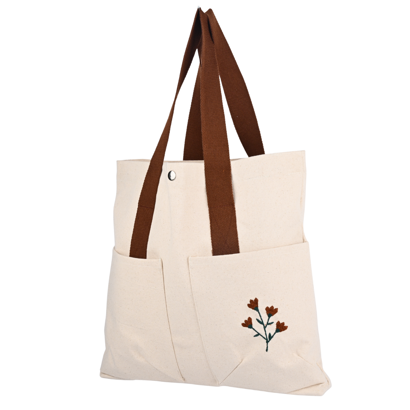 Beige tote bag with brown handles and floral embroidery on a white background PT-TRO-BRW