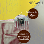 Striped bag with durable zipper and sturdy handles on a geometric patterned background, featuring the brand 'NECAVU HOME'.

SKU: NC-SRO-RED