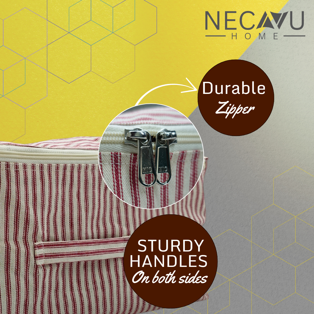 Striped bag with durable zipper and sturdy handles on a geometric patterned background, featuring the brand 'NECAVU HOME'.

SKU: NC-SRO-RED