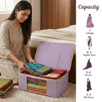 Woman organizing sarees in the voilet striped saree storage bags with capacity information on the side(NC-SRO-VLT)