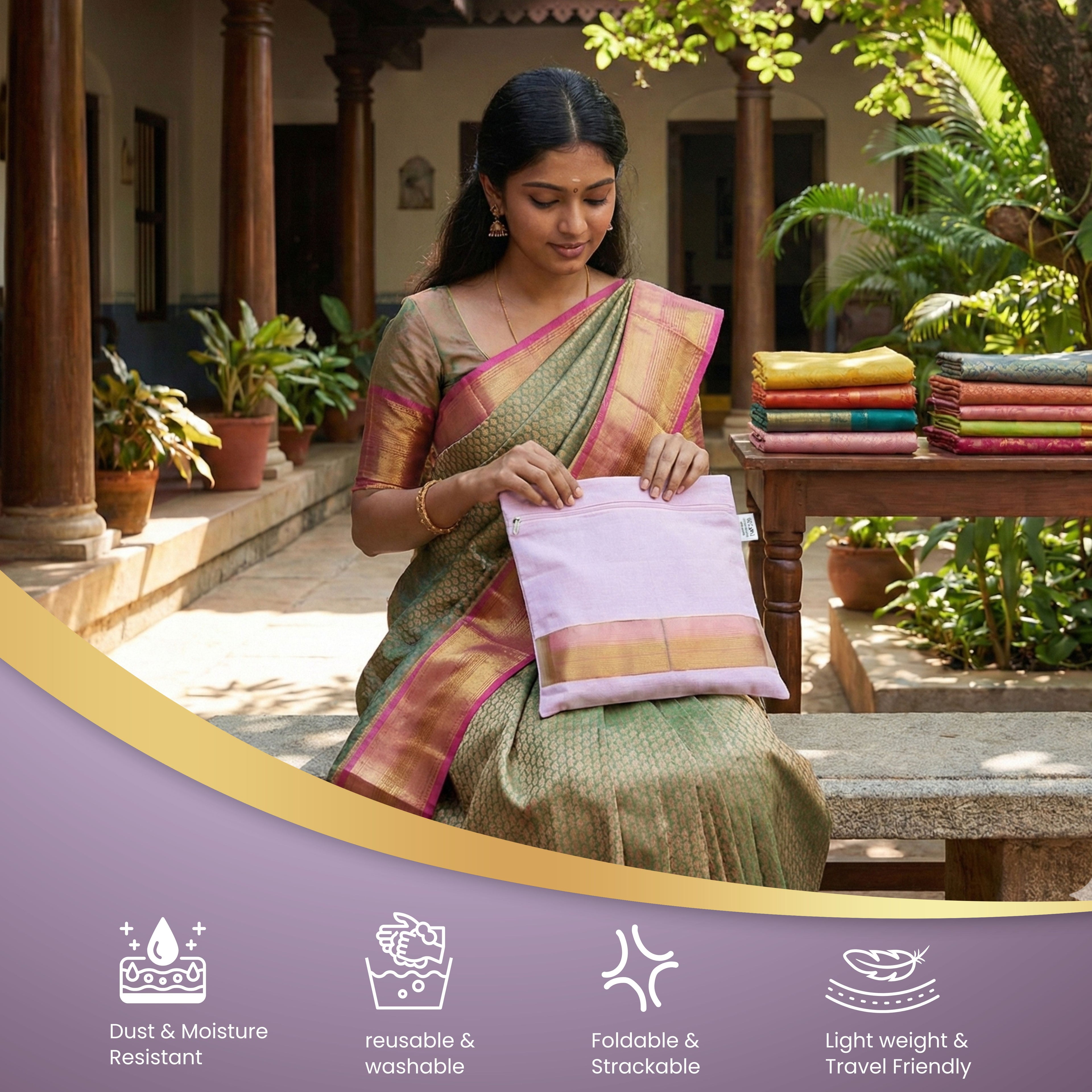 Women holding a lavender saree bag With labelling the properties on the bottom (NC-SRZ-LVR)