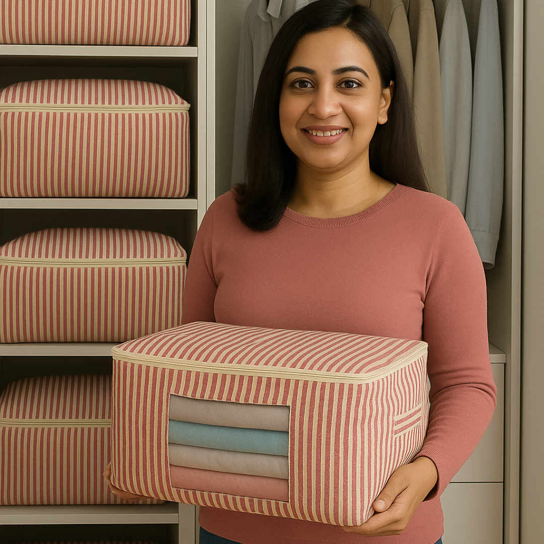 Woman holding a striped fabric storage box in a room with shelves. 

SKU: NC-SRO-RED