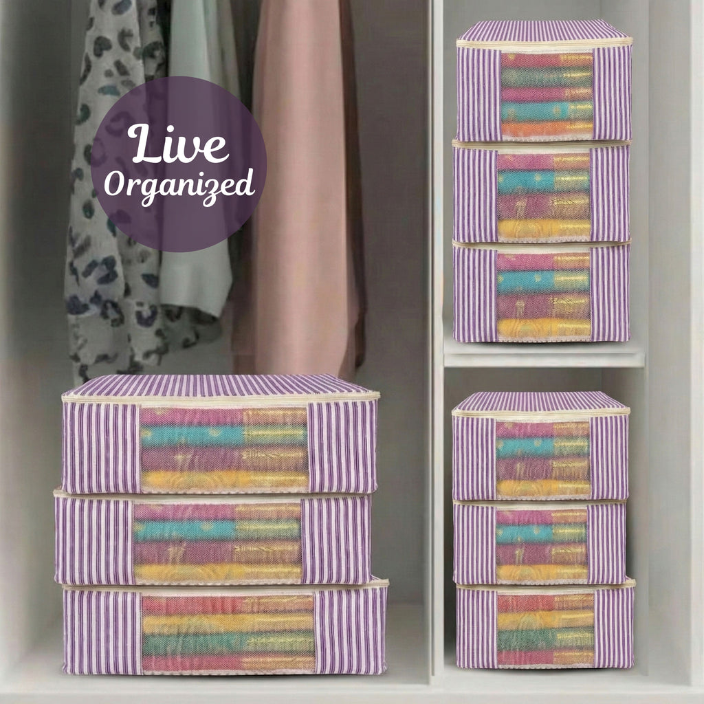 violet striped saree organizer bags arranged in a cupboard, labeled 'Live Organized' (NC-SRO-VLT)