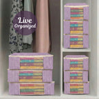 violet striped saree organizer bags arranged in a cupboard, labeled 'Live Organized' (NC-SRO-VLT)