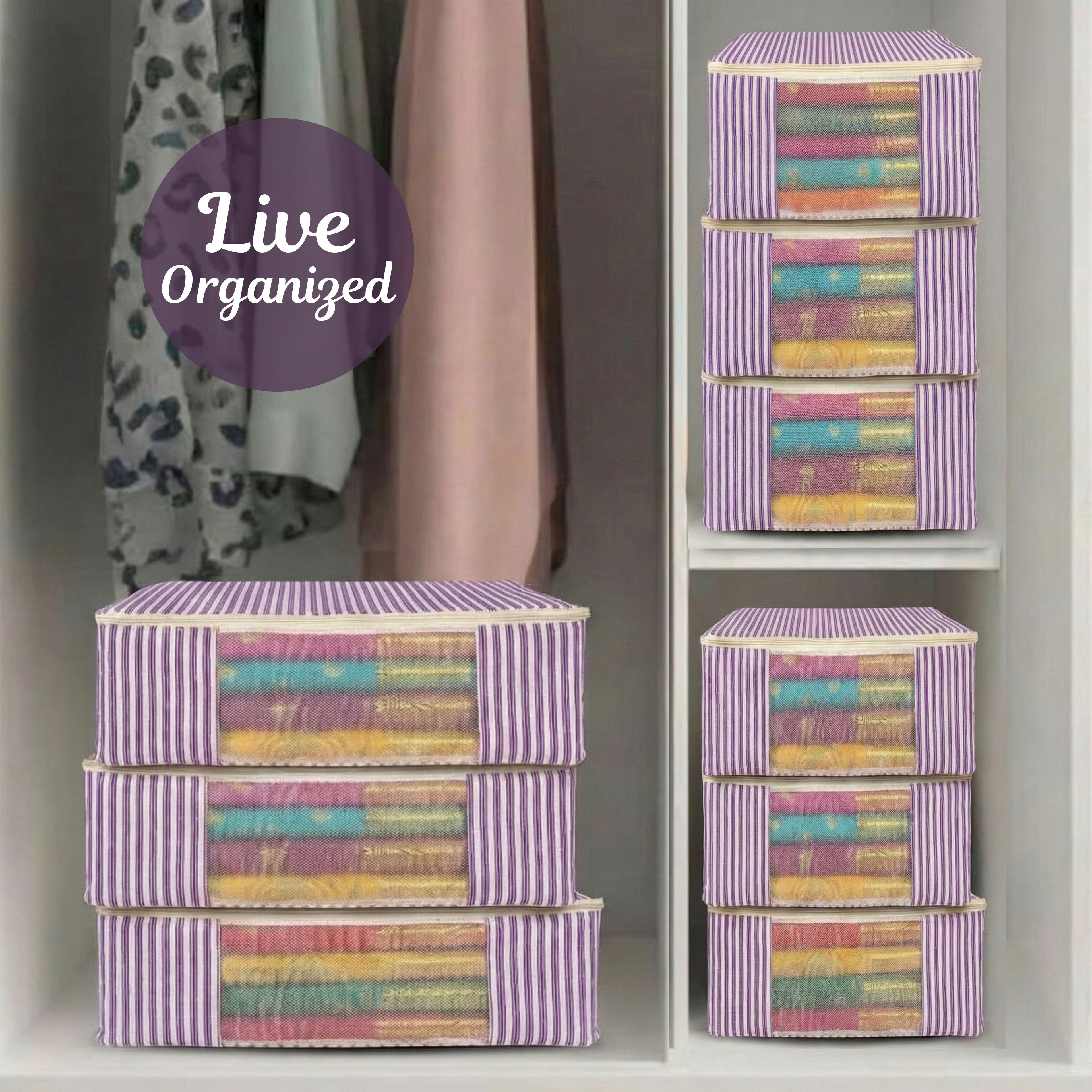 violet striped saree organizer bags arranged in a cupboard, labeled 'Live Organized' (NC-SRO-VLT)