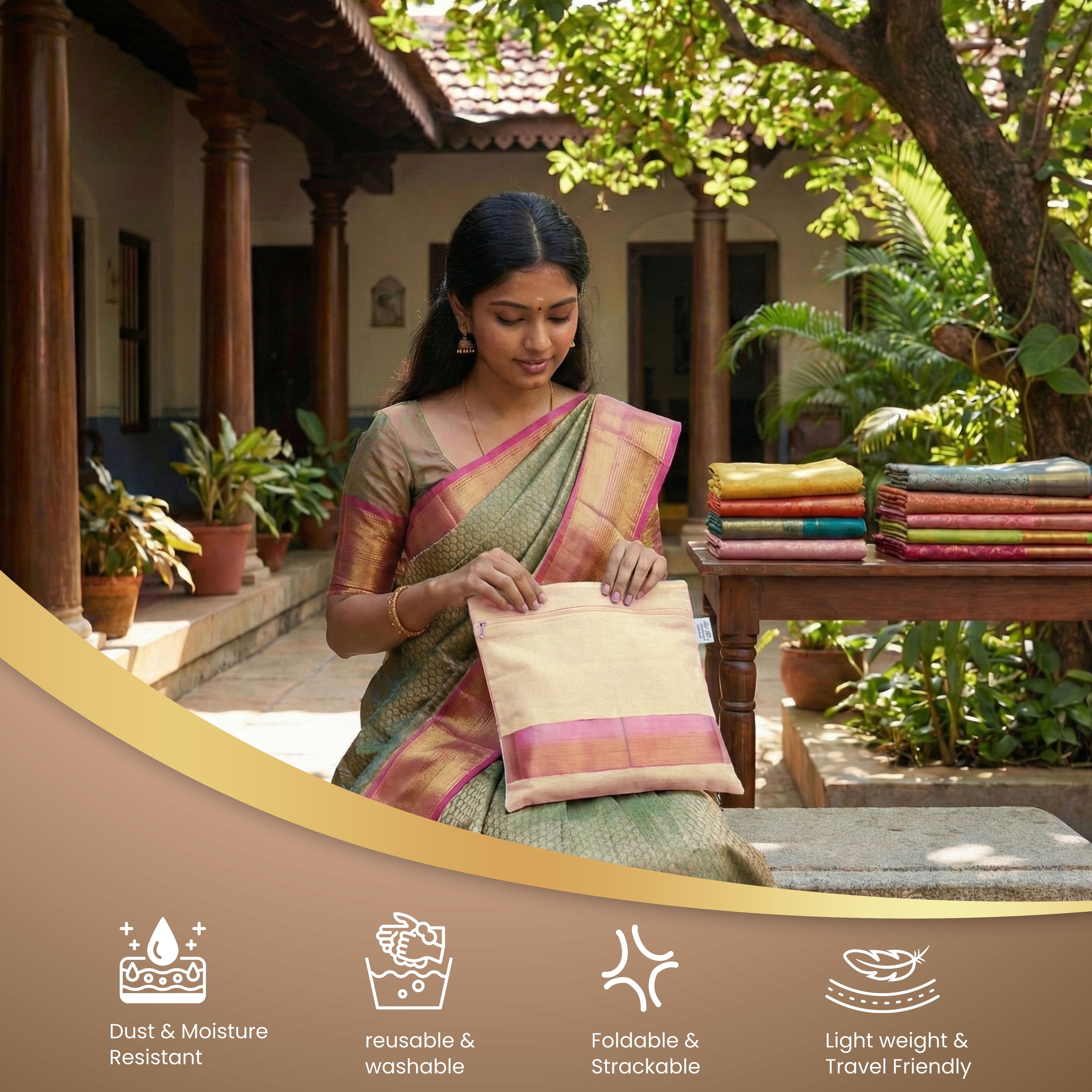 Woman in traditional attire holding a Necavu Saree bag(Natural) item outdoors with text on durability and features.(NC-SRZ-NRL)