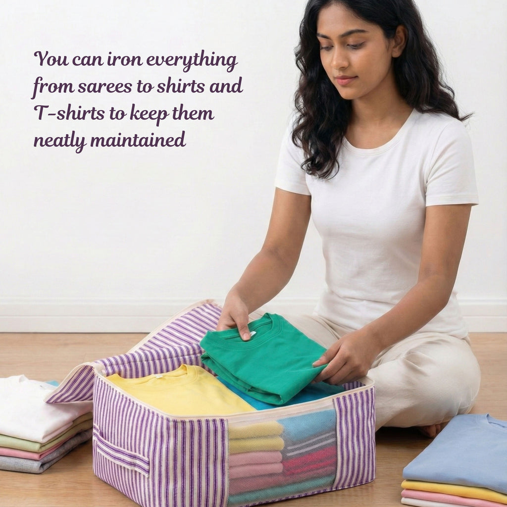 Woman organizing folded clothes in a violet striped saree organizer bags with text about ironing(NC-SRO-VLT)