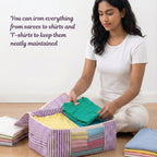 Woman organizing folded clothes in a violet striped saree organizer bags with text about ironing(NC-SRO-VLT)