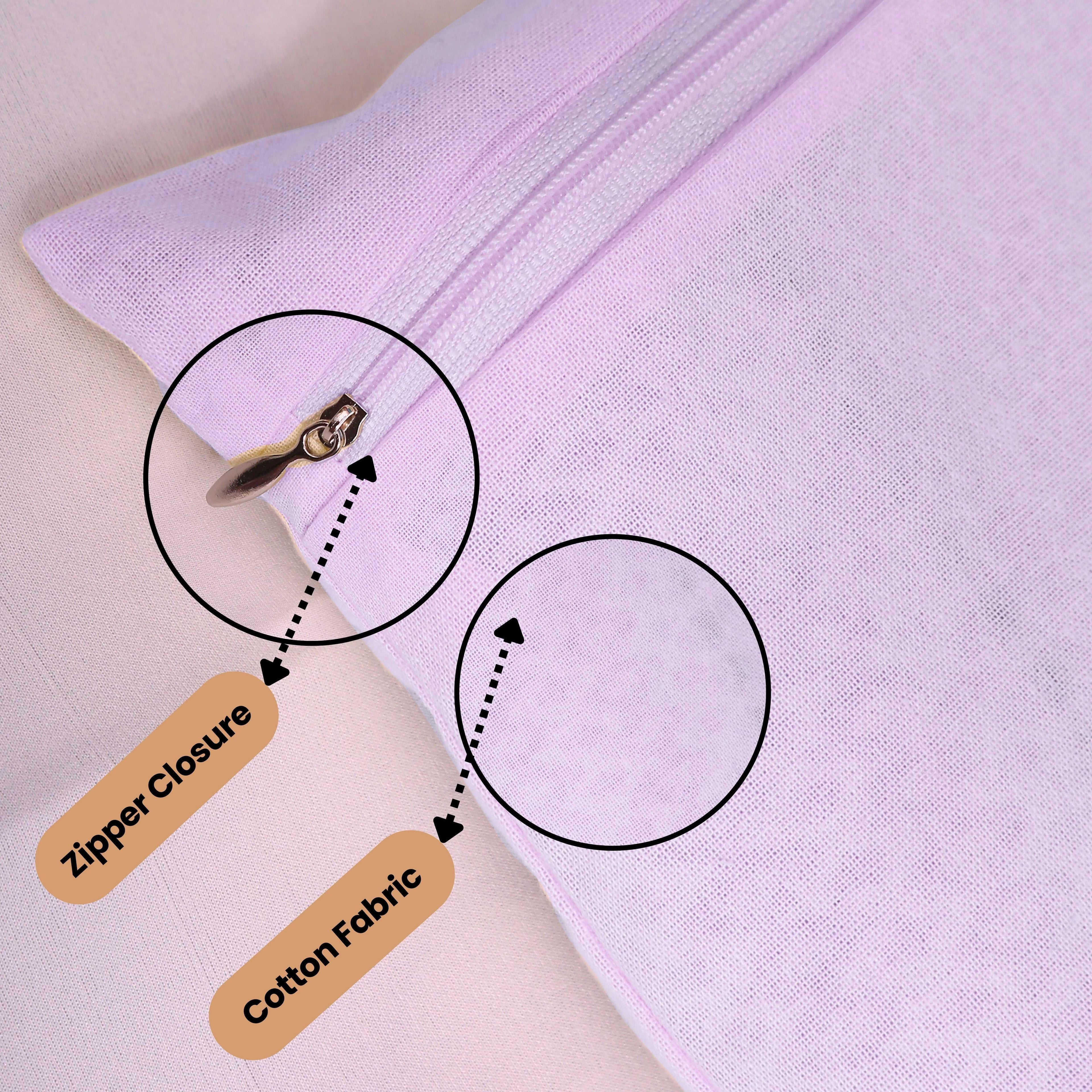 Close-up of a lavender saree bag with a zipper, labeled 'Zipper Closure' and 'Cotton Fabric'. (NC-SRZ-LVR)