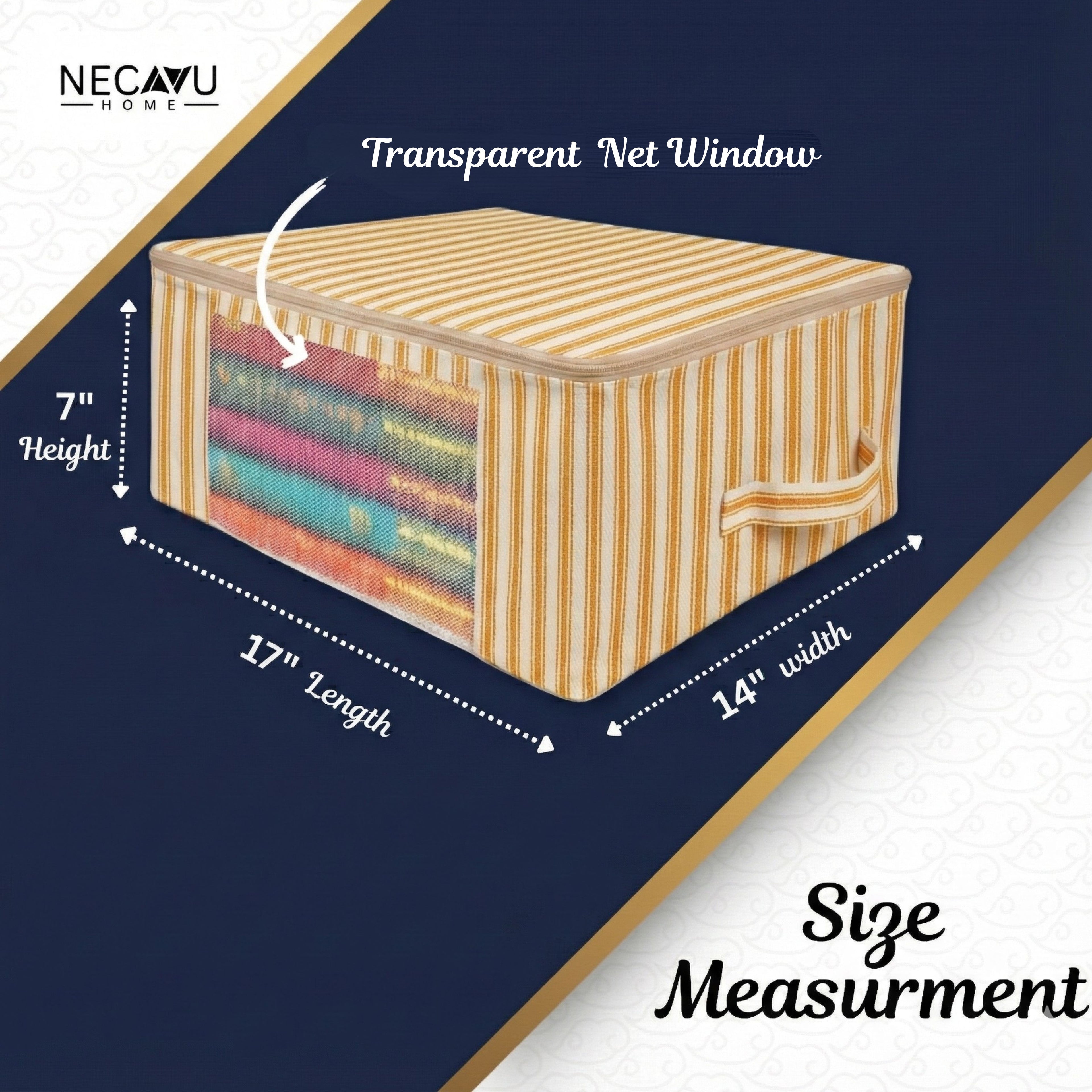 yellow striped saree organizer  bags with transparent net window, labeled with measurements on a blue background.(NC-SRO-YLW)