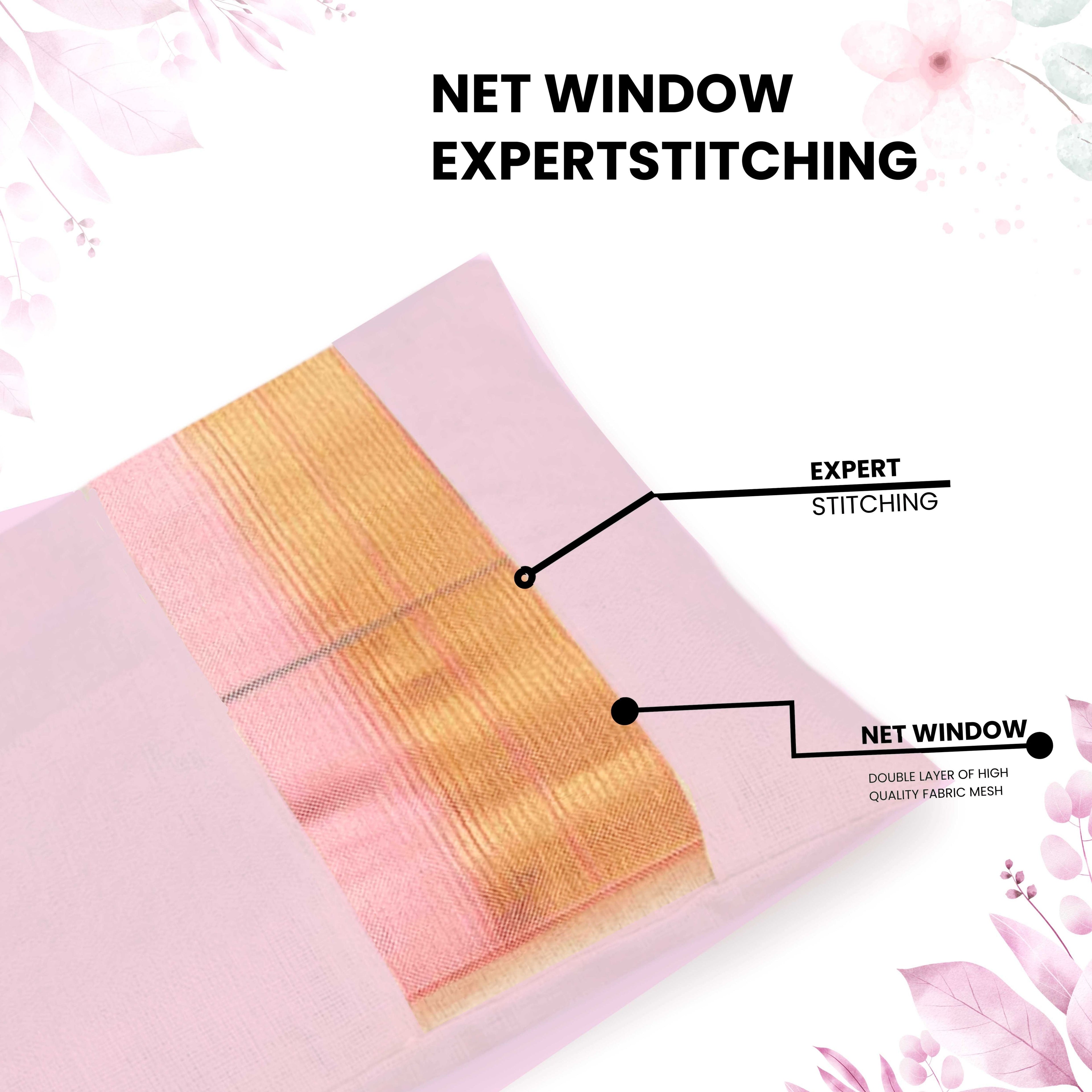 Close-up of a lavender saree bag, labeled 'Net Window Expert Stitching'. (NC-SRB-LAV)