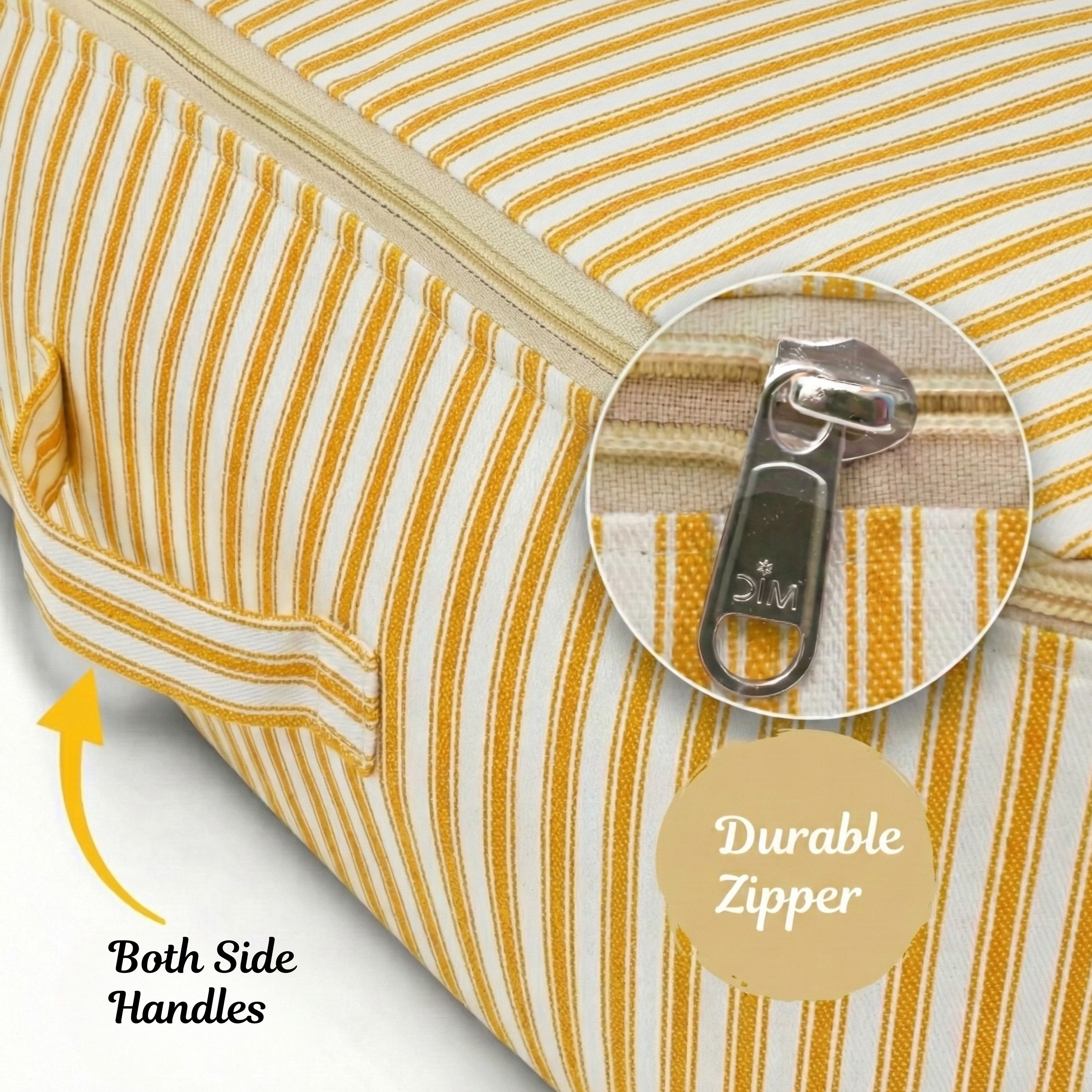 Yellow striped saree organizer bag with durable zipper and side handles on a light gray background(NC-SRO-YLW)