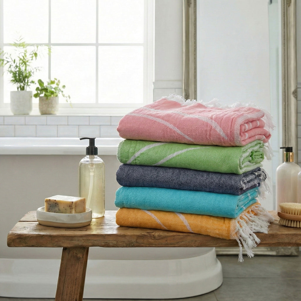 Stack of colorful towels on a wooden bench with bathroom items in the background VU-YNG-RSE VU-YNG-IND VU-YNG-AQU VU-YNG-GOL VU-YNG-SAG