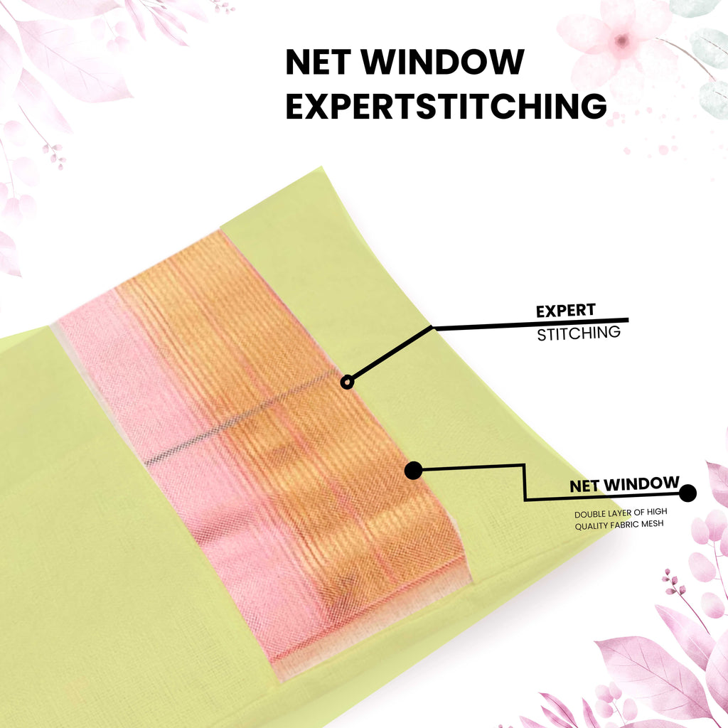 Green saree bags with Transparent mesh window and expert stitching highlighted on a white background (NC-SRB-GRN)