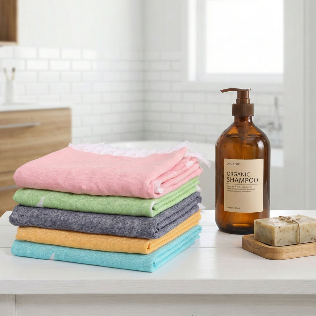 Stack of colorful towels with an organic shampoo bottle on a bathroom counter. VU-MND-LEF VU-MND-BLS VU-MND-SUN VU-MND-MNT VU-MND-OCN