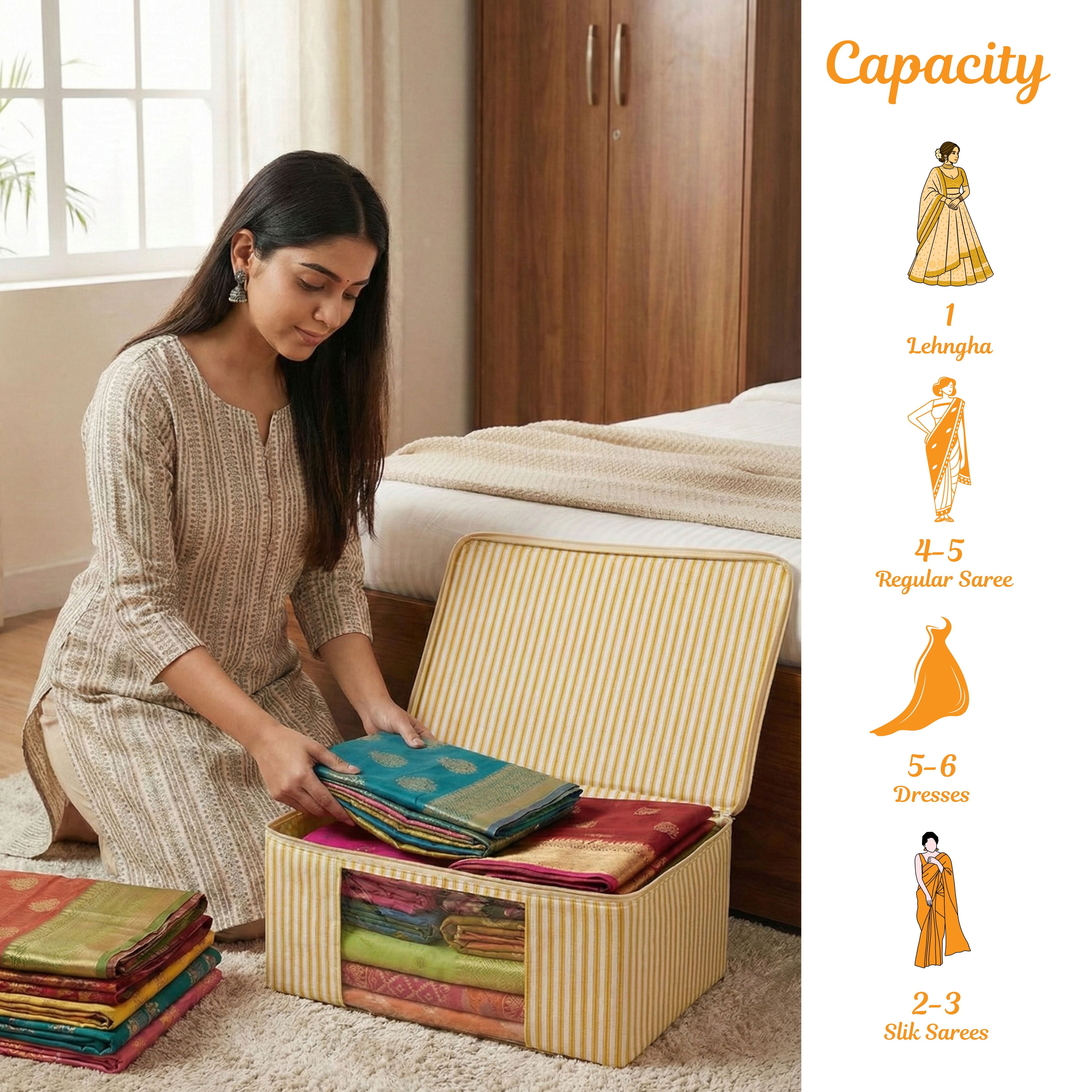 Woman organizing folded clothes on a yellow striped saree organizer bags in a bedroom.(NC-SRO-YLW)