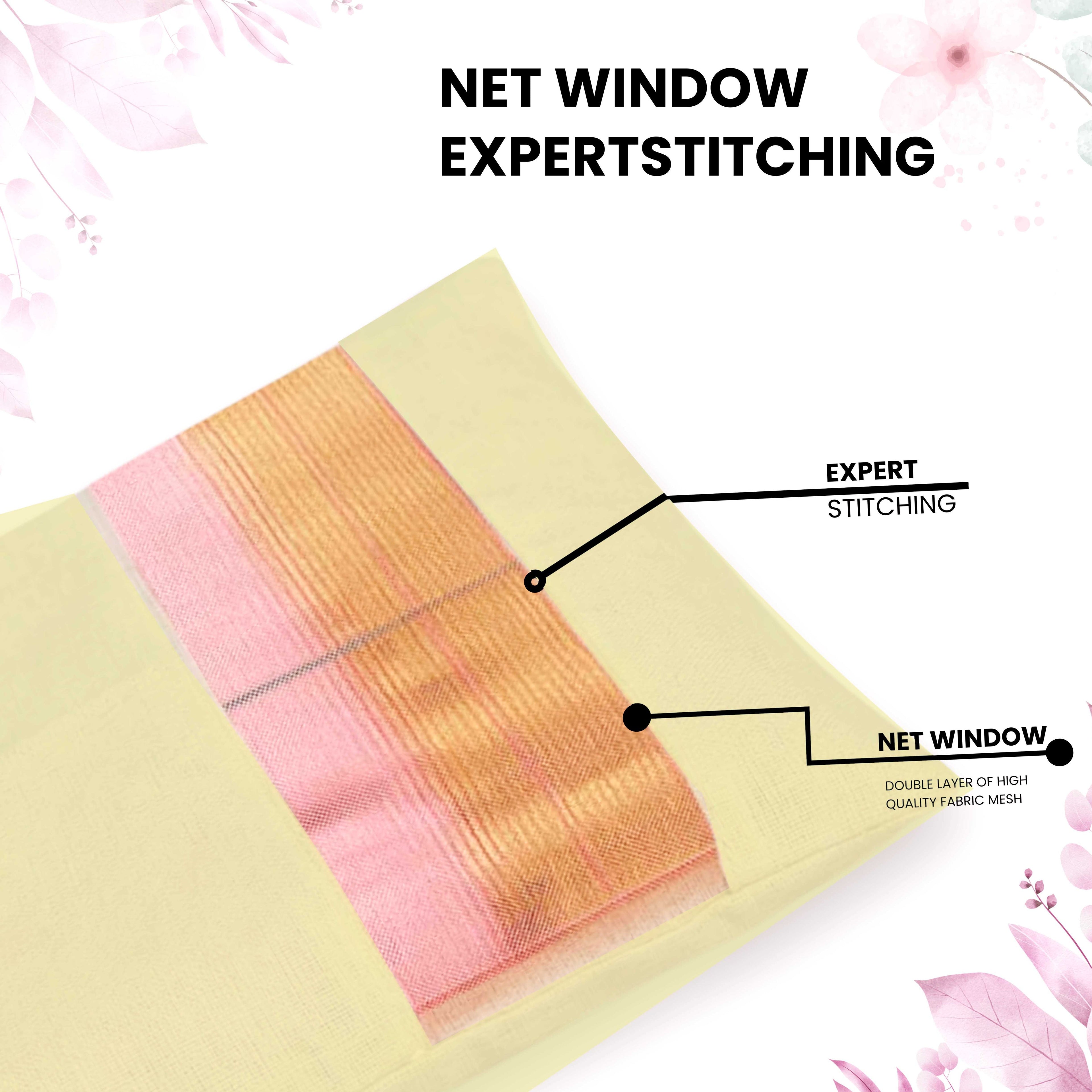 Close-up of a off white saree bag with 'Expert Stitching' and 'Net Window' labels on a white background. (NC-SRB-OWT)